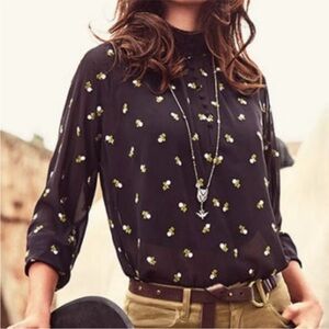 Cabi | Floral Embroidered Long Sleeve Sheer Top size XXS